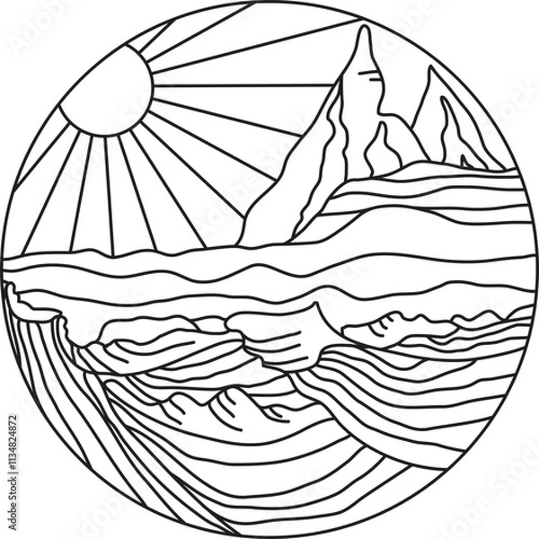 Obraz line drawing of landscape with sun, water and mountains