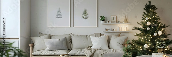 Obraz A Scandinavian-style Christmas nook with wooden furniture, white and gray decor, and a small pine tree with simple lights