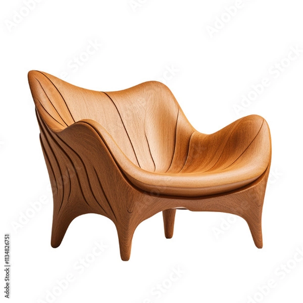 Obraz Stylish wooden chair featuring a smooth, curved design with organic lines, combining functionality and modern art, isolated on white background