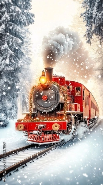 Obraz Christmas train traveling through snowy forest at dusk