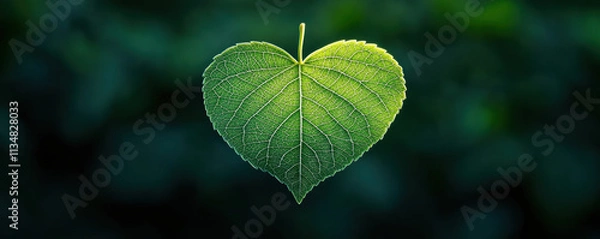 Obraz Beautiful heart-shaped green leaf isolated against a dark blurred background, symbolizing love and nature's beauty. heart-shaped leaves