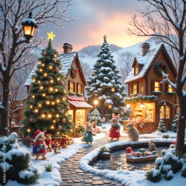 Fototapeta Celebra la magia de la Navidad en este encantador pueblo con todos los animales.
