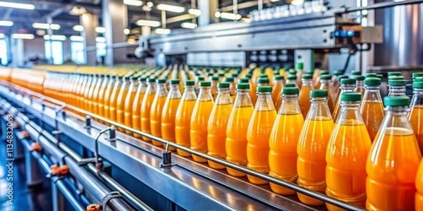 Fototapeta Closeup of Bottling Line for Fresh Orange Fruit Juice in a Clean Factory Setting with Glowing Bottles and Sweet Beverage Ready for Distribution