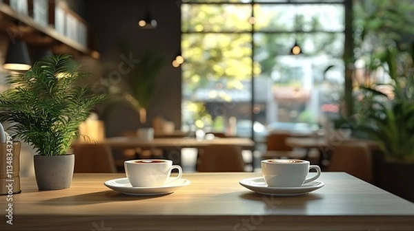 Fototapeta Enjoying morning coffee cups on a table in cozy urban  still life