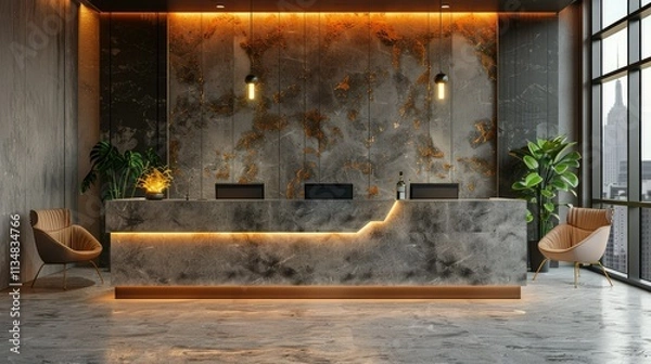 Fototapeta Modern reception area with a stylish counter and warm lighting.