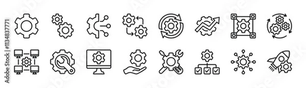 Fototapeta Setup and settings system thin line icon set. Contains options, configuration, technology, process, maintenance, installation, engineering, mechanism, customization, optimization. Vector illustration