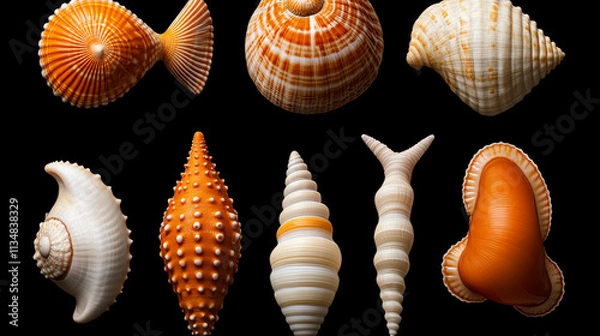 Fototapeta Seashell Symphony: A captivating collection of uniquely shaped and textured seashells, showcasing a vibrant palette of orange and white against a stark black background.  