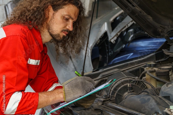 Obraz Mechanic inspecting a vehicle engine while taking notes in a workshop