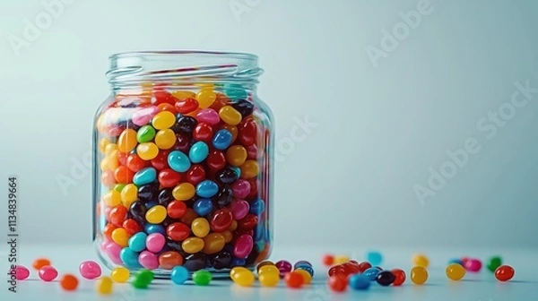 Fototapeta Colorful Jelly Beans in Glass Jar with Spilled Candy
