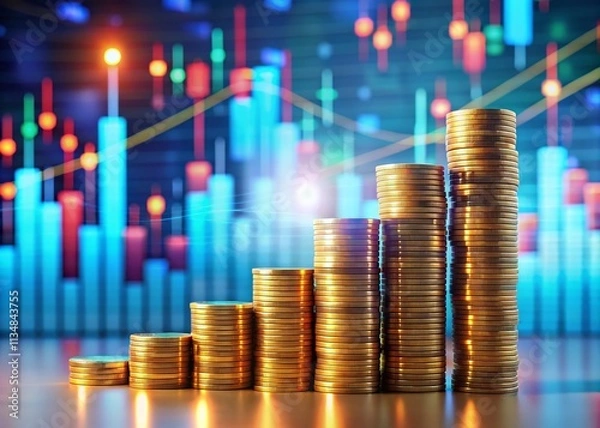 Obraz Colorful 3D-Rendered Financial Graph with Coins and Bars Representing Diverse Data Types for Financial Analysis and Visualization
