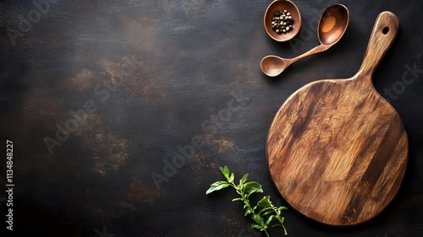 Obraz An abstract food background featuring a dark rustic kitchen table, a wooden cutting board, and cooking utensils, designed for creative use.