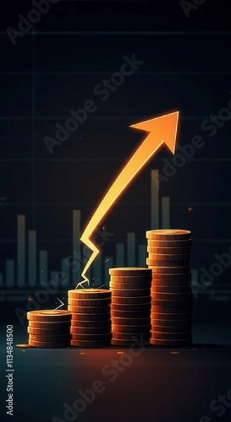 Fototapeta Stacks of coins with an upward arrow representing financial growth