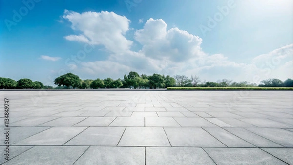 Obraz Vast Open Plaza:  A tranquil scene of a wide, empty plaza paved with large, light grey tiles, extending towards a lush green landscape under a vibrant blue sky dotted with fluffy white clouds.