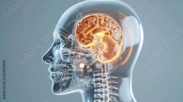 Fototapeta Female Head Transparent Brain Anatomy - Human brain anatomy, intelligence, neural pathways, cognitive function, mind power.  A translucent head reveals the inner workings of the brain.