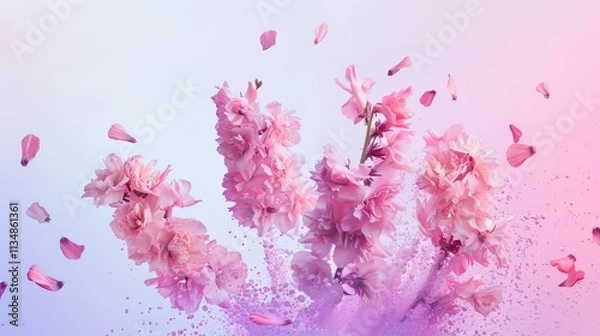 Fototapeta a bunch of pink flowers are in the air with pink petals flying around them on a pink and purple background with a pink and white background.