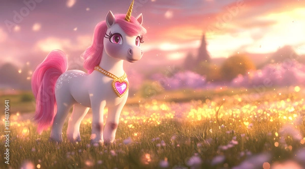Obraz A whimsical unicorn stands in a vibrant, flower-filled meadow during sunset, radiating magic and charm in a fairy-tale landscape.
