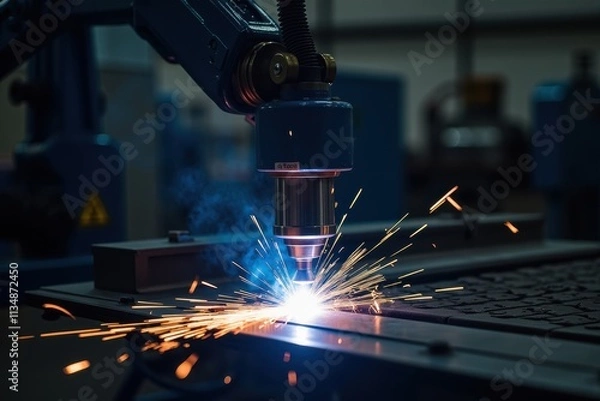 Fototapeta High-Precision Robotic Welding in Action with Sparks Flying, Showcasing Advanced Automation Technology in a Modern Manufacturing Environment