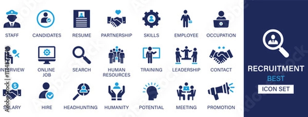 Fototapeta Recruitment icon set collection. Candidates, staff, resume, partnership, skills, employee, occupation, interview, online job, search, human resources, training and best solid icon set.