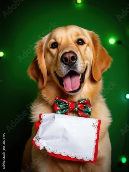 Fototapeta Golden Retriever with Christmas Bow Tie and Blank Sign