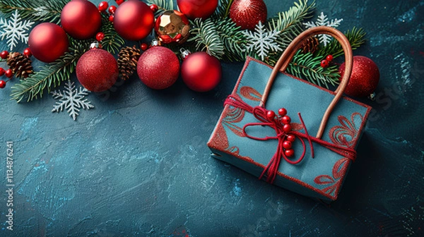Obraz Red Christmas Balls and Gift Box  on Blue Background Copy Space 