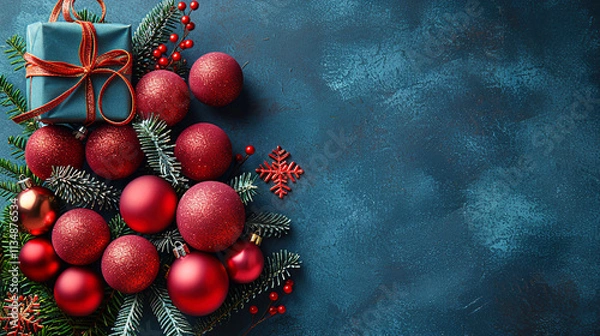 Obraz Red Christmas Balls and Gift Box  on Blue Background Copy Space 