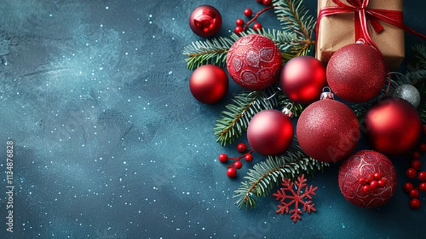 Obraz Red Christmas Balls and Gift Box  on Blue Background Copy Space 