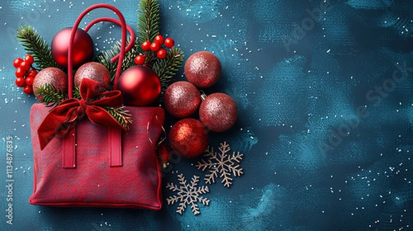 Obraz Red Christmas Balls and Gift Box  on Blue Background Copy Space 