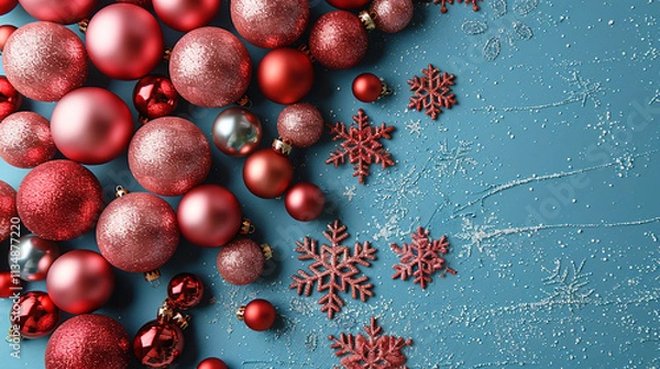 Obraz Red Christmas Balls and Gift Box  on Blue Background Copy Space 