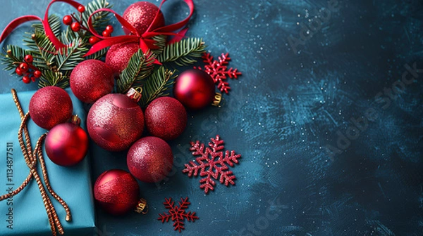 Obraz Red Christmas Balls and Gift Box  on Blue Background Copy Space 