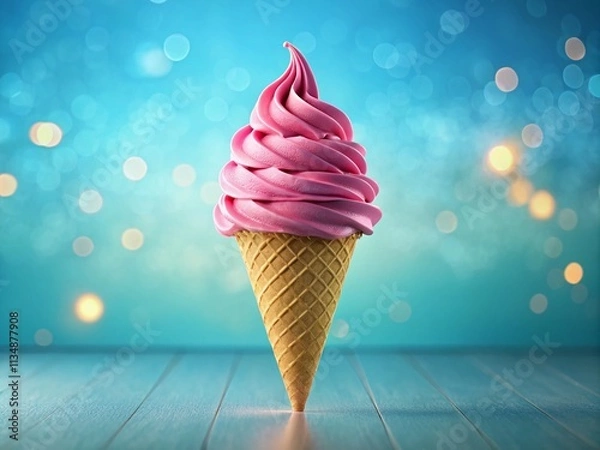 Fototapeta Delightful Pink Ice Cream Cone on a Vibrant Blue Background Perfect for Summer Desserts – A Refreshing Treat Captured with the Rule of Thirds for Visual Appeal