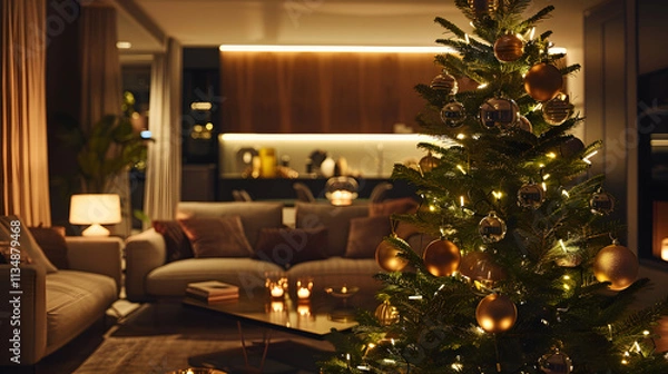 Obraz A Christmas tree in a modern living room, decorated with sleek metallic ornaments and soft white lights