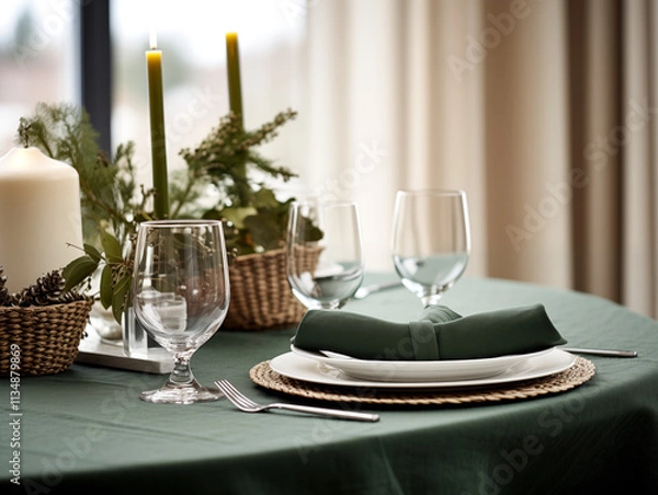 Fototapeta Christmas table setting. Holiday celebrations dining table. New years dining table. Table setting in green and gold
