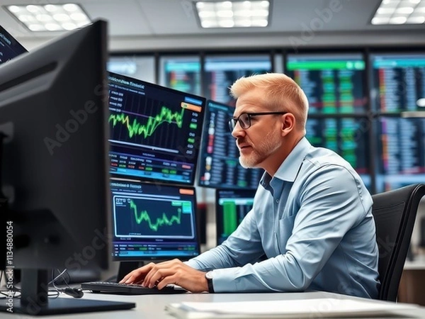 Fototapeta Professional trader analyzing market trends in a modern trading room filled with digital screens