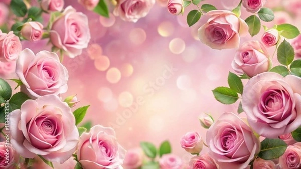 Fototapeta A delicate arrangement of pink roses, forming a beautiful floral frame against a soft, bokeh-filled background.