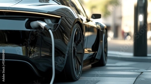 Obraz Focus on an electric car charging cable plug, highlighting its seamless connection to the vehicle for a quick charge.