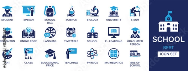 Fototapeta School icon set collection. Student, speech, school bag, science, biology, university, study, education, knowledge, language, teaching and best solid icon set.