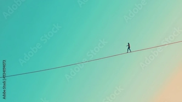 Fototapeta Person walking tightrope, balancing act.