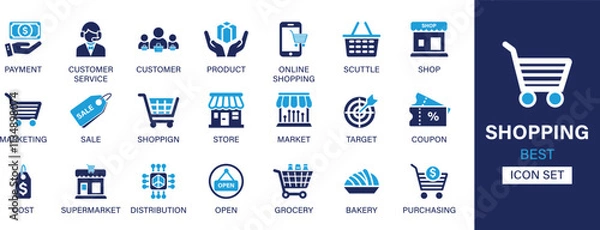 Fototapeta Shopping icon set collection. Payment, customer service, product, online shopping, scuttle, shop, marketing, sale, target and best solid icon set.