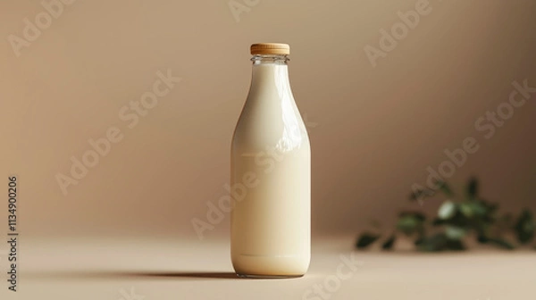 Obraz Classic glass milk bottle stands elegantly against a soft backdrop, reflecting warm natural tones. Ideal for artistic displays of dairy or beverage branding