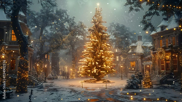 Obraz A Christmas tree glowing in the middle of a snowy courtyard, surrounded by illuminated holiday decorations