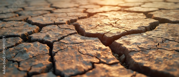Fototapeta "Ultrarealistic Cracked Earth Texture Revealing Dynamic Shadows: A Study in Dry Landscapes and Patterns"