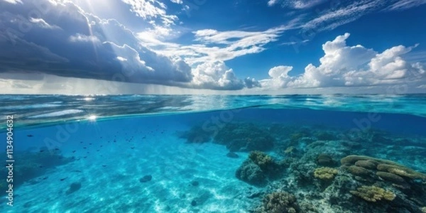 Fototapeta A breathtaking view of a vibrant underwater coral reef scene contrasting with a dramatic sky, sunbeams piercing through the clouds above the ocean's surface.