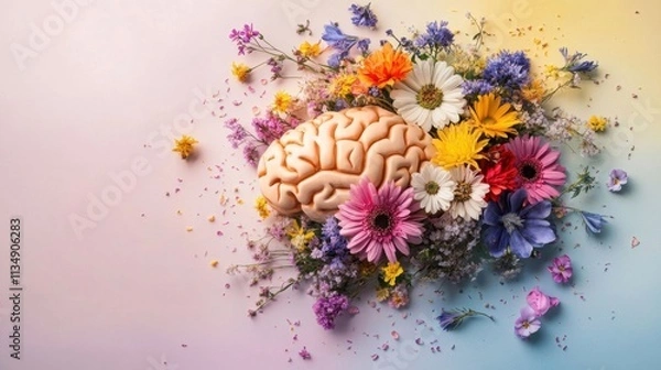 Fototapeta Colorful Flowers Surrounding a Human Brain on Gradient Background