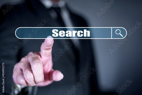Fototapeta Businessman searching on virtual screen. Data technology search engine optimization by artificial intelligence technology. Ai search tech concept