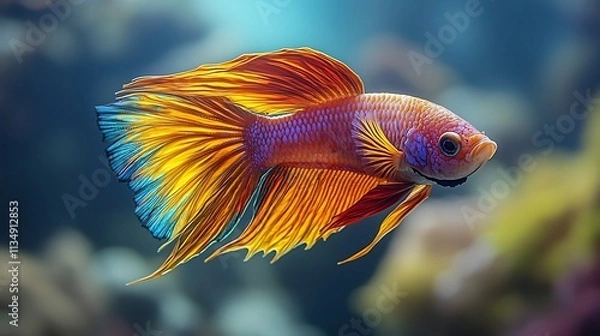 Obraz Vibrant Betta Fish with Flowing Multicolored Fins Swimming Gracefully in Clear Water