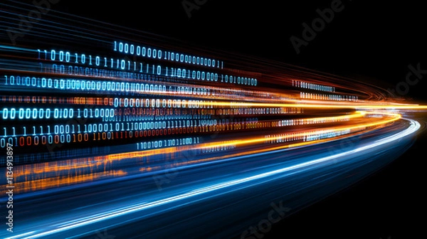 Fototapeta Digital Highway: A futuristic depiction of a virtual highway with streaks of light and binary code blurring in the distance, symbolizing the speed, connectivity, and constant evolution of technology.