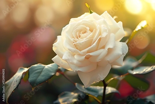 Fototapeta Delicate White Rose in Warm Golden Light with Romantic Garden Vibes
