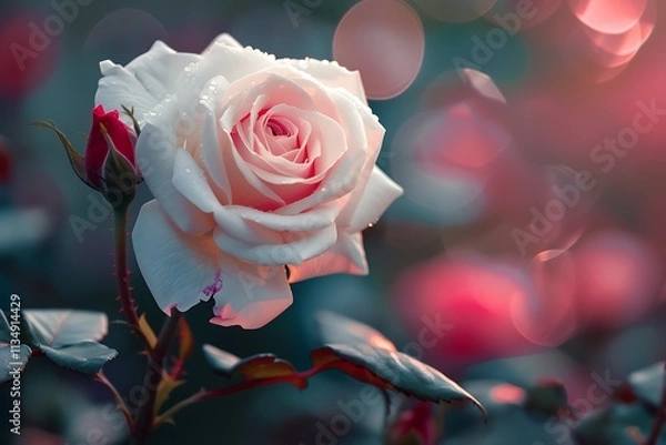 Fototapeta White Rose Blooming in Golden Sunset Light with Bokeh Background