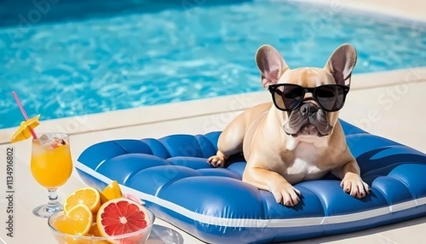 Fototapeta Fun summer vibes with bulldog floating in pool