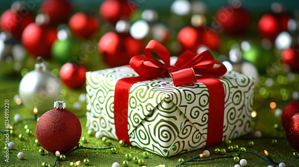 Obraz Green Backdrop with Xmas Splash Balls Ornaments and Present